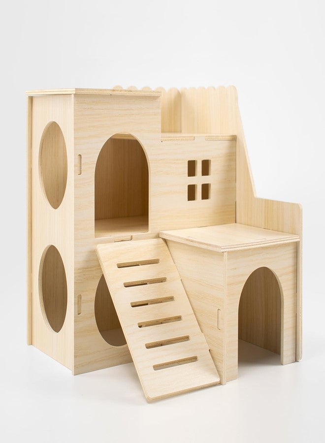 Xiylon Fun Slide Double-Decker Wooden Hideout for Large Hamsters, Syrian, Gerbil & Mice with Play Platform - Natural Safe Rat & Small Animal Sanctuary - Image 1